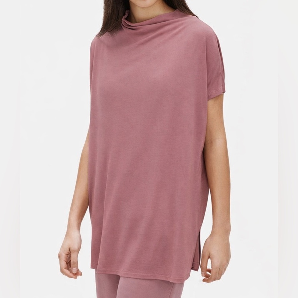 Eileen Fisher Stretch Silk Jersey Funnel Neck Tunic in Purple Size Medium